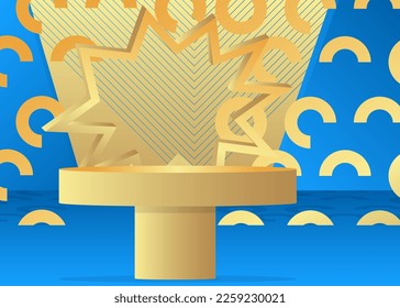 Gold and Blue stage showcase for presentation. Realistic vector product display. Abstract Mockup Pedestal podium. Futuristic Sci-fi minimal geometric forms, empty scene.