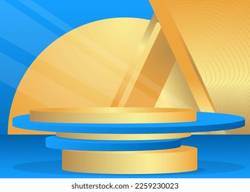 Muestra de escenario dorado y azul para presentación. Pantalla de producto vectorial realista. Resumen del podio de Mockup Pedestal. Futurista Sci-fi formas geométricas mínimas, escena vacía.
