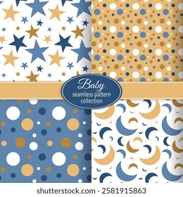 Gold and Blue Stars, Moons and Polka dots Seamless Pattern. Cute Festive Stars Seamless Pattern. Starry Sky Colorful Background. Vector Holiday and Birthday Party Design. Vector eps 10