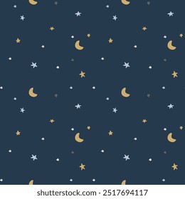 Gold and blue Stars and Moons Seamless Pattern on a dark blue background. Cute baby pattern