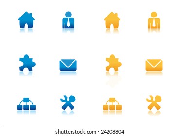 Gold and Blue web icon set with reflection.