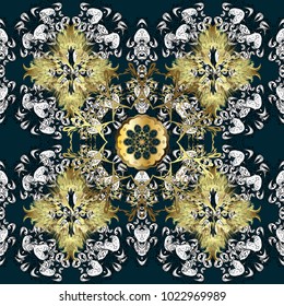 Gold blue, white and black floral ornament in baroque style. Antique golden repeatable wallpaper. Damask seamless pattern repeating background. Golden element on blue, white and black colors.