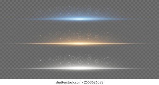 Gold, blue and white light effect.Horizontal glare.Fine dust particles. Abstract laser beams of light.Vector.