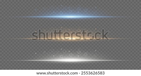Gold, blue and white light effect.Horizontal glare.Fine dust particles. Abstract laser beams of light.Vector.