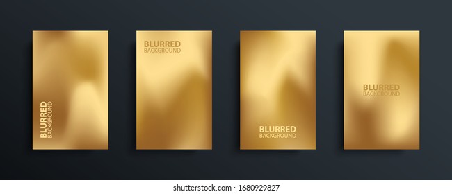 Gold blurred backgrounds set with modern abstract blurred golden colored gradient patterns. Luxury templates collection for invitations, posters, flyers and greeting cards. Vector illustration.