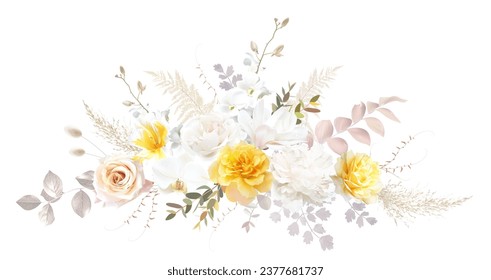 Oro, rubor, beige, rosa blanca, orquídea, magnolia, peonía, flor de ranunculus, tulipán, pasto de pampas, helecho, hojas de olivo de diseño vectorial ramo. Amarillo y marfil. Los elementos están aislados y se pueden editar