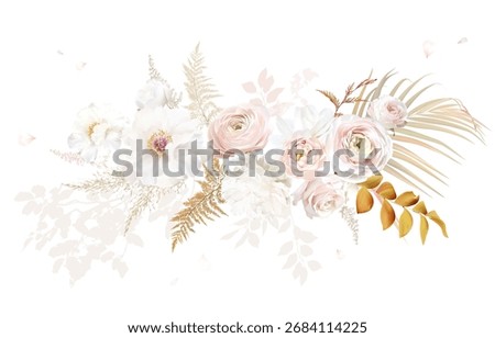 Gold, blush, orange, beige, white rose, peony, magnolia, pink ranunculus flowers, pampas grass, fern, dried palm leaves vector design fall bouquet. Nude and ivory. Elements are isolated and editable
