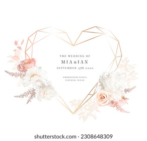 Gold, blush pink, beige, white rose, peony, orchid, ranunculus flower, lagarus, pampas grass, fern, dried palm leaves vector design frame. Nude and ivory. Elements are isolated and editable Vektor Stok