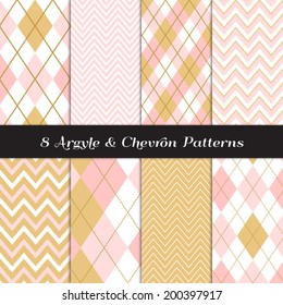 Gold, Blush Pink and White Argyle and Chevron Patterns. Pastel Color Backgrounds. Pattern Swatches included and made with Global Colors.