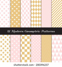 Gold, Blush Pink and White Geometric Patterns. Pastel  Backgrounds in Diamond, Chevron, Polka Dot, Checkerboard, Stars, Triangles, Herringbone & Stripes. Pattern Swatches included.