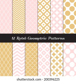 Gold, Blush Pink and White Retro Geometric Patterns. Pastel Mod Backgrounds in Jumbo Polka Dot, Diamond Lattice, Scallops, Quatrefoil and Chevron. Pattern Swatches included and made with Global Colors