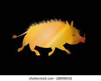 Gold Boar silhouette on black background. Golden animal as symbol of wealth. Wild pig with red fang vector illustration. Eps 10. 