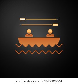 Gold Boat with oars and people icon isolated on black background. Water sports, extreme sports, holiday, vacation, team building.  Vector Illustration