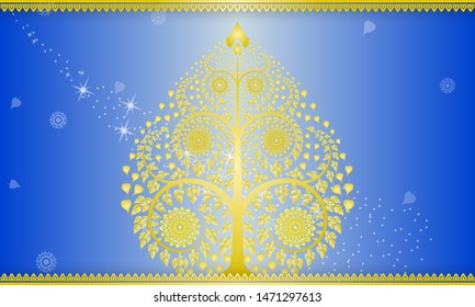 Gold Bodhi tree on Thai art blue background, illustration vector eps10.