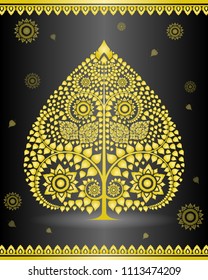 Gold Bodhi tree in Thai  style art on black background, illustration vector eps10.
