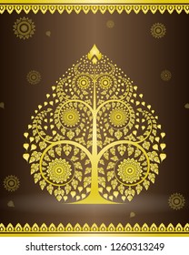 Gold Bodhi tree in Thai style art on brown background, illustration vector eps10.