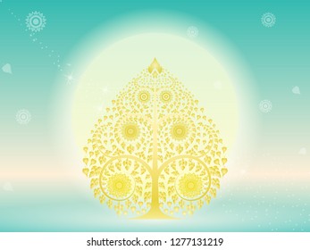 Gold Bodhi tree in Thai style art on full moon background, illustration vector eps10.