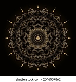 gold bohemian mandala print, antistress coloring book, tattoo design oriental or indian, islamic mysterious hand drawn ornament for meditation or yoga vector illustration. Black color