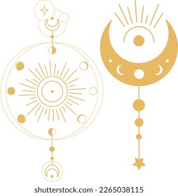 Gold Bohemian Universe Illustration with Moon Phases, Stars and Rays . Astrology SVG Vector Clipart. Celestial, Mystical, Esoteric designs perfect for Printing. T-shirt, Mugs Cut File. Universe Art svg