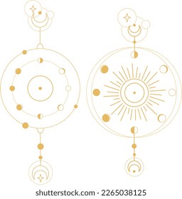 Gold Bohemian Universe Illustration with Moon Phases, Stars and Rays . Astrology SVG Vector Clipart. Celestial, Mystical, Esoteric designs perfect for Printing. T-shirt, Mugs Cut File. Universe Art svg