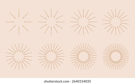 Gold boho sunburst set. Vintage bursting golden sun rays collection. Radial vector sunset beams.