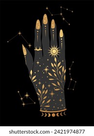 Gold boho woman hand with herbs, sun, moon. Alchemy esoteric magic space.