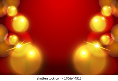 Goldener Bokeh-Hintergrund. Rot strahlt helles, blinkes Unschärfe aus. Abstrakter Bokeh ist verschwommen. Glühender Bokeh-Lichtszauber. Chinesischer Tapete. Vektorillustration.