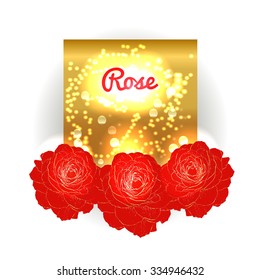 Gold  bokeh background with red roses. Golden space and roses.Vector illustration. Vintage red & gold background. Birthday card. Valentines day card. 