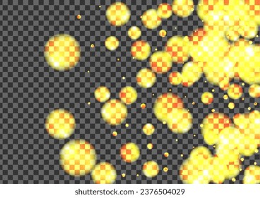 Gold Bokeh Background Transparent Vector. Flare Elegant Illustration. Pattern Template. Yellow Confetti Luminous Design. Golden Effect.
