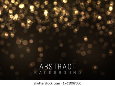 Gold bokeh Blurred light on black background. Golden lights Christmas and New Year holidays template. Abstract glitter defocused blinking stars and sparks. Vector EPS 10