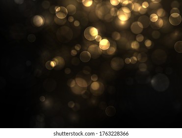 Gold bokeh Blurred light on black background. Golden lights Christmas and New Year holidays template. Abstract glitter defocused blinking stars and sparks. Vector EPS 10