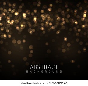 Gold bokeh Blurred light on black background. Golden lights Christmas and New Year holidays template. Abstract glitter defocused blinking stars and sparks. Vector EPS 10
