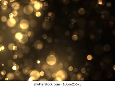 Gold bokeh Blurred light on black background. Golden lights Christmas and New Year holidays template. Abstract glitter defocused blinking stars and sparks. Vector EPS 10