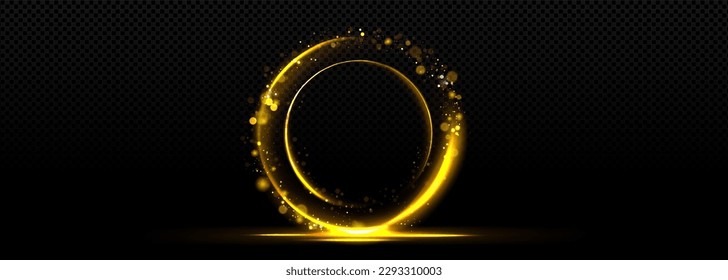 Gold bokeh circle with glitter light on black background. Abstract golden ring glow shine with flare frame. Neon yellow bling line trail texture with magic glossy swirl and blur backdrop design