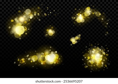 Gold bokeh effect vector set. Realistic transparent overlay background, magic golden shining with sparkles. Christmas night light glitter decoration.