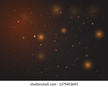 Gold bokeh elements with glitter effect. Glowing shiny, fiery and golden particles on dark background that can be used in projects and design. Sparkling dust for Christmas. Vector illustration. EPS 10