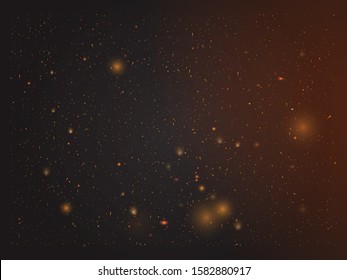 Gold bokeh elements with glitter effect. Glowing shiny, fiery and golden particles on dark background that can be used in projects and design. Sparkling dust for Christmas. Vector illustration. EPS 10