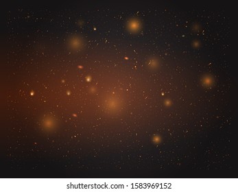 Gold bokeh elements with glitter effect. Glowing shiny, fiery and golden particles on dark background that can be used in projects and design. Sparkling dust for Christmas. Vector illustration. EPS 10