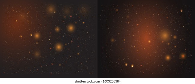 Gold bokeh elements with glitter effect. Glowing, shiny, fiery and golden particles on dark background that can be used in projects and design. Sparkling dust for Christmas. Vector illustrations set.