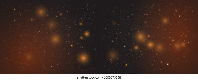 Gold Bokeh Elements With Glitter Effect. Glowing, Shiny, Fiery And Golden Particles On Dark Background That Can Be Used In Projects And Design. Sparkling Dust For Christmas. Vector Illustrations Set.