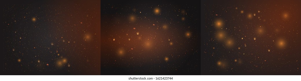 Gold Bokeh Elements With Glitter Effect. Glowing, Shiny, Fiery And Golden Particles On Dark Background That Can Be Used In Projects And Design. Sparkling Dust For Christmas. Vector Illustrations Set.