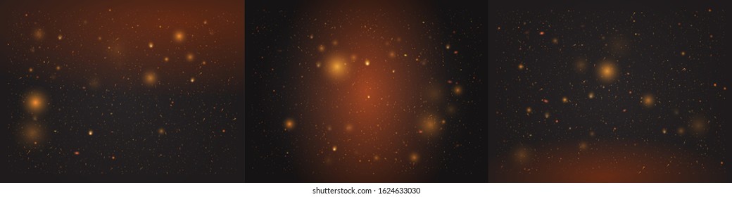 Gold Bokeh Elements With Glitter Effect. Glowing, Shiny, Fiery And Golden Particles On Dark Background That Can Be Used In Projects And Design. Sparkling Dust For Christmas. Vector Illustrations Set.