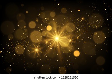 Gold bokeh explosion on dark. Glowing light effect, shiny particles and sparkles abstract magical background.