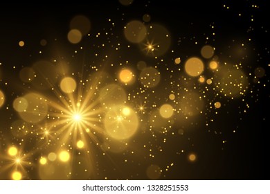 Gold bokeh explosion on dark. Glowing light effect, shiny particles and sparkles abstract magical background.