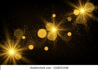 Gold bokeh explosion on dark. Glowing light effect, shiny particles and sparkles abstract magical background.