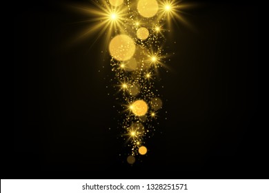 Gold bokeh explosion on dark. Glowing light effect, shiny particles and sparkles abstract magical background.