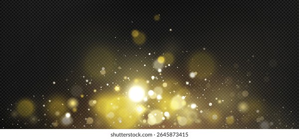 Gold bokeh light effect with glowing particles and sparkles on transparent background. Realistic bright yellow luminous circles, stars and blurred spots for holiday graphics and luxury designs.
