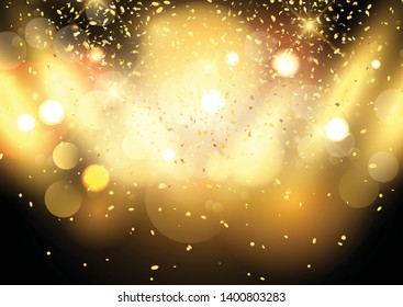 Gold bokeh lights background with confetti and spotlights