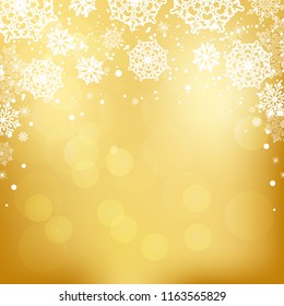 Gold bokeh lights background with snowflakes. Vector illustration.