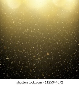 Gold bokeh on dark background. Glitter gold de-focused lights on black background. EPS 10